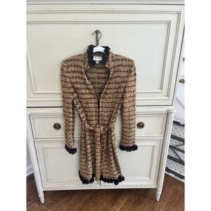 St John Sport Knit Long coat jacket multi brown with fur trim belt NWOT Small